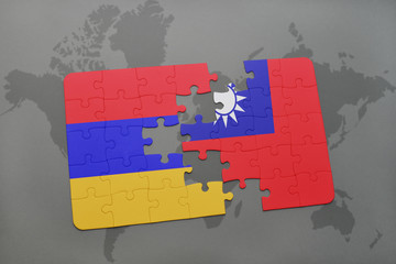 puzzle with the national flag of armenia and taiwan on a world map