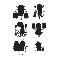 Cartoon silhouette monster shopping vector character illustration.