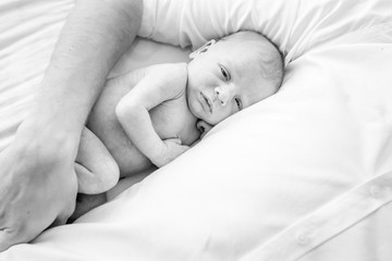 young loving father with newborn twin babies, indoor portrait