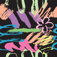Obraz na płótnie Canvas Floral brush strokes hand paint illustration with colorful flowers, splashes, zigzag elements and doodles. Grunge style drawing