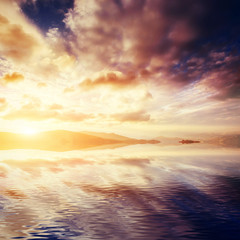 Sunset on mountain lake Koruldi. Upper Svaneti, Georgia, Europe.