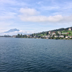 Fototapeta na wymiar Lake Lucerne Boat Mountain View Switzerland Vierwaldstaettersee