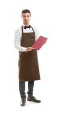 Cute waiter holding brown bill folder on white background