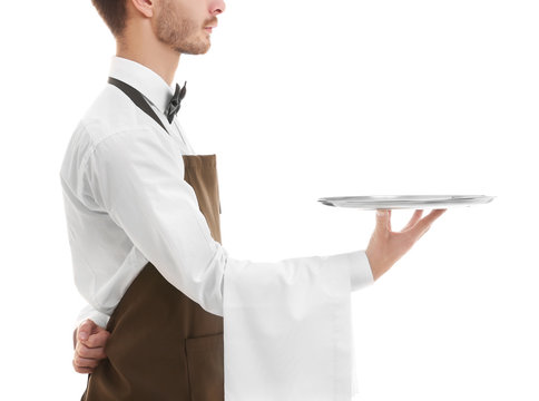 Cute Waiter Holding Brown Bill Folder On White Background