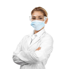 Female scientist wearing protective mask, on white background