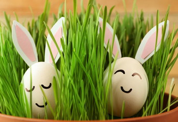 Easter eggs with decor ears in grass, closeup