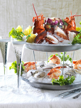 Seafood platter and glasses of champagne 