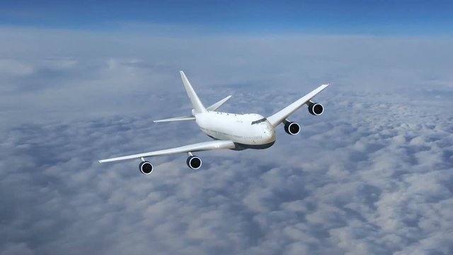 Plane flying above the clouds, airplane in flight, front view