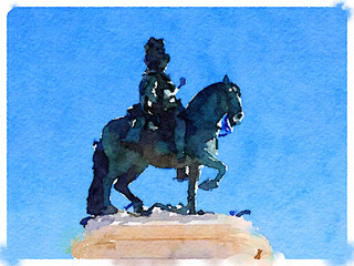 Digital watercolor painting of a statue of a man on a horse in Lisbon, Portugal. With space for text.  - 137136098