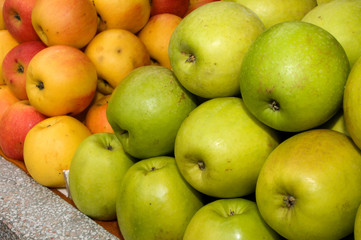 A bunch of green apples on the table in the market, Novi Sad, Serbia