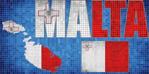 Mosaic map and flag of Malta - Illustration,  
Grunge mosaic Maltese flag, 
Font with the Malta flag,
Malta map in blue background