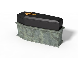 simple black coffin on marble platform,