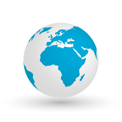 3D Earth globe. Vector EPS10 illustration of planet with blue continents silhouette. Focused on Africa.
