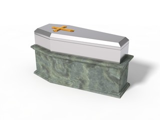 simple steel coffin on marble platform
