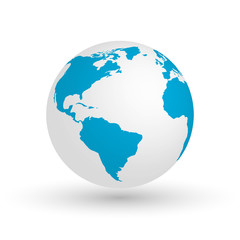 3D Earth globe. Vector EPS10 illustration of planet with blue continents silhouette. Focused on Americas.
