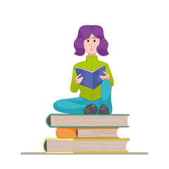 Girl with the textbook sitting on a pile of books. Flat character isolated on white background. Vector, illustration EPS10.