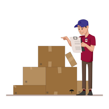 Courier checks parcels list. Boxes for sending mail. Warehouse worker or a postman. Flat character isolated on white background. Vector, illustration EPS10.