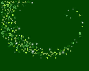 Fototapeta na wymiar Sparkling stream from clover shamrock leaves isolated on dark green background. Abstract St. Patrick's day background for your greeting cards design. Vector illustration