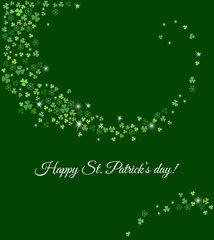 Abstract St. Patrick's day background for your greeting cards or party poster design. Sparkling stream from clover shamrock leaves isolated on dark green background.  Vector illustration