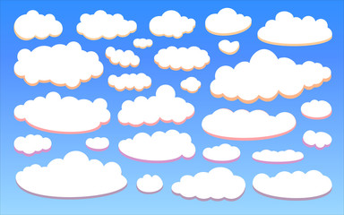 Colour clouds isolated on blue sky background set. Collection of cloud icon, shape, label, symbol for your design. Graphic design element for logo, web and print. Vector illustration