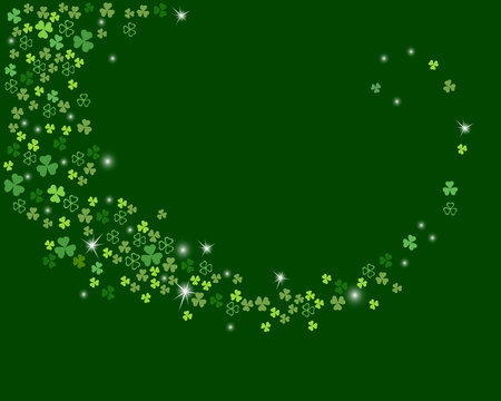 Sparkling stream from clover shamrock leaves isolated on dark green background. Abstract St. Patrick's day background for your greeting cards design. Vector illustration