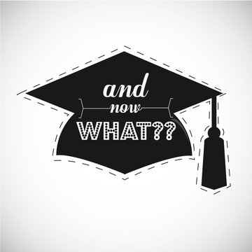 black graduation cap for photo booth, and now what  sentence, illustration bordered.