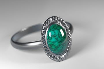 Silver Ring with Green Stone, 3d Rendering