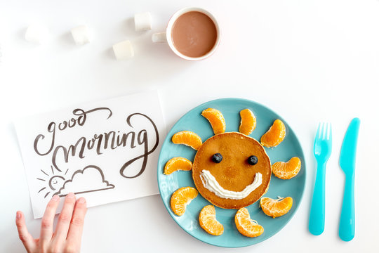 Concept Kid Breakfast With Pancake Top View On White Background