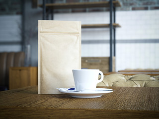 Paper bag and white cup. 3d rendering