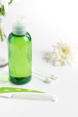 natural organic cosmetics with herbs for baby on white background