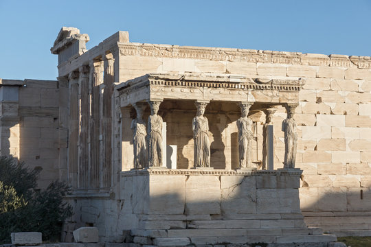 The Porch of the Caryatids in The Erechtheion an ancient Greek temple on the north side of the Acropolis of Athens, Attica, Greece