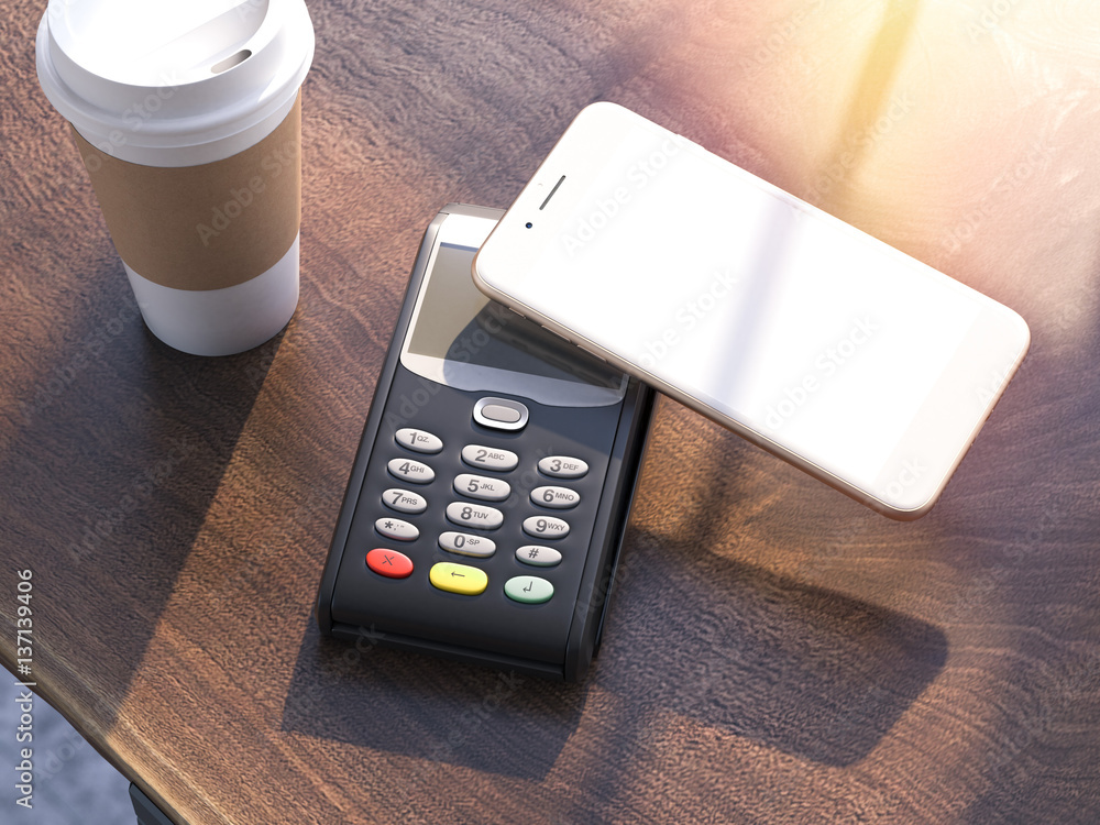 Poster pos credit card machine with smartphone. 3d rendering