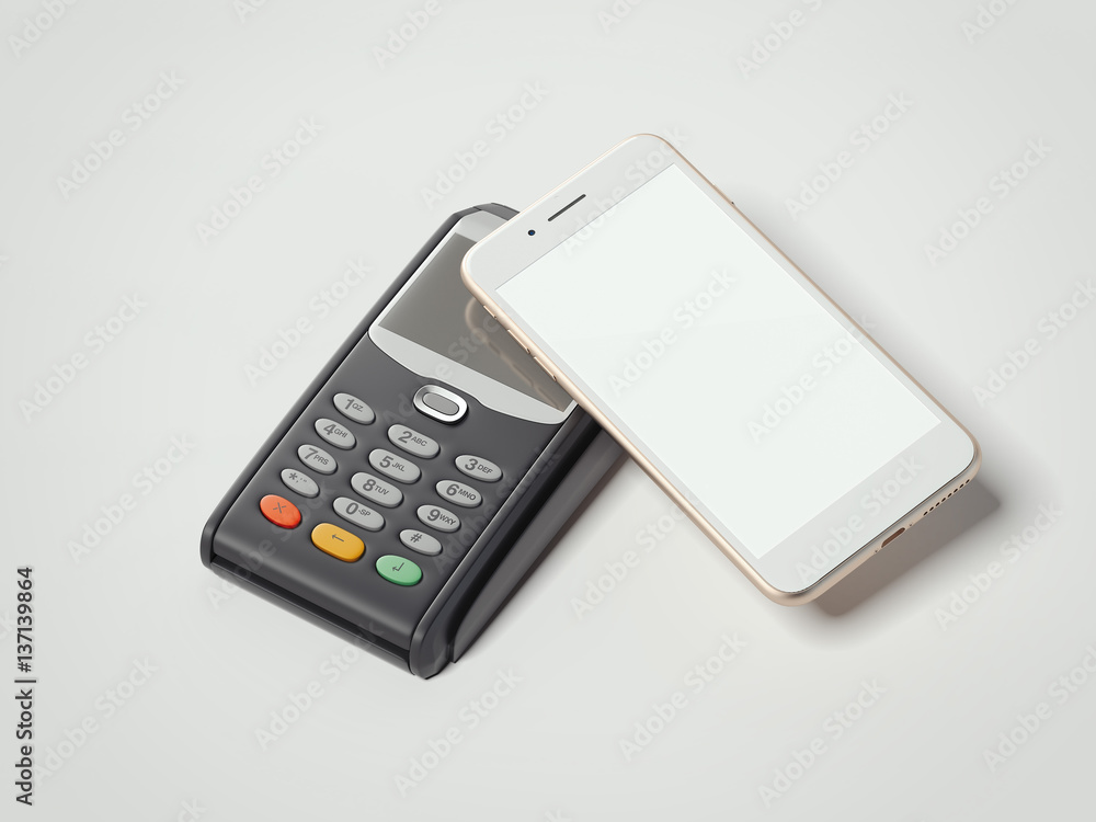 Poster pos portable credit card machine with smartphone. 3d rendering