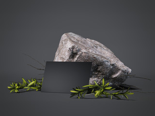 Blank black business card near stone and leaves. 3d rendering