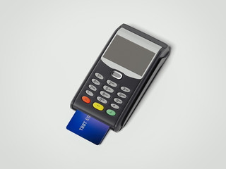 POS portable credit card machine with credit card. 3d rendering