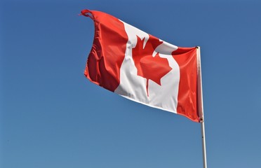 Flagge von Kanada flattert im Wind am blauen Himmel