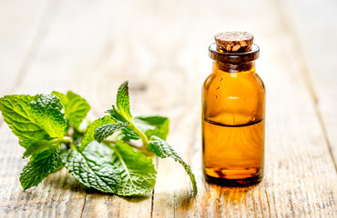 organic cosmetics with herbal extracts of mint on wooden background