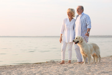 Senior couple and big dog on riverside - Powered by Adobe