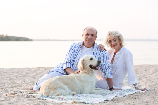 Senior couple and big dog sitting on plaid on riverside