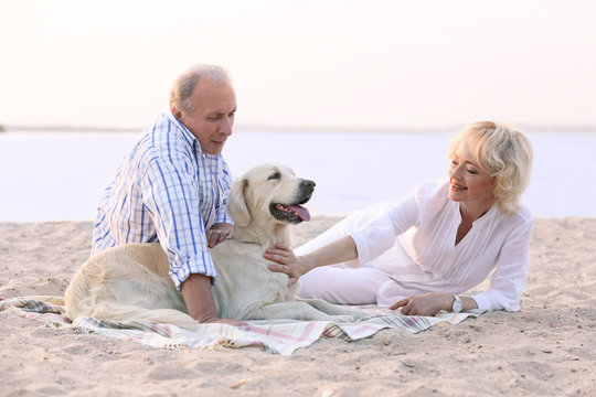 Senior couple and big dog sitting on plaid on riverside