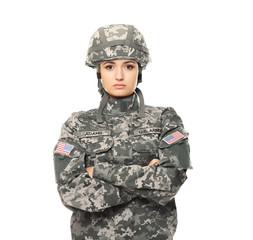 Pretty female soldier on white background
