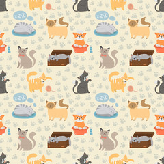 Cute cats character different pose vector seamless pattern