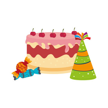 colorful picture cake and candies with hat party vector illustration