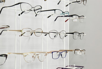 Showcase with spectacles in modern ophthalmic store