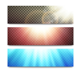 Vector light effects set on horizontal banners layouts with bright sun rays and transparent backgrounds.