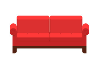 Red sofa. Icon of furniture for an house interior, living room: classic or modern and vintage cozy couch. Vector flat colorful illustration isolated on white background.