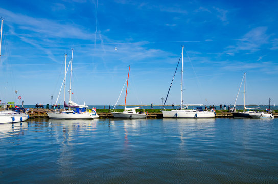 Yachts and sail boats in Volendam Harbor, Netherlands