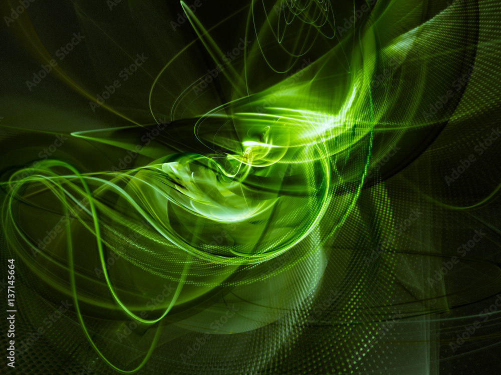 Poster Abstract background element. Fractal graphics series. Three-dimensional composition of glowing lines and halftone effects. Information and energy concept. Green and black colors.