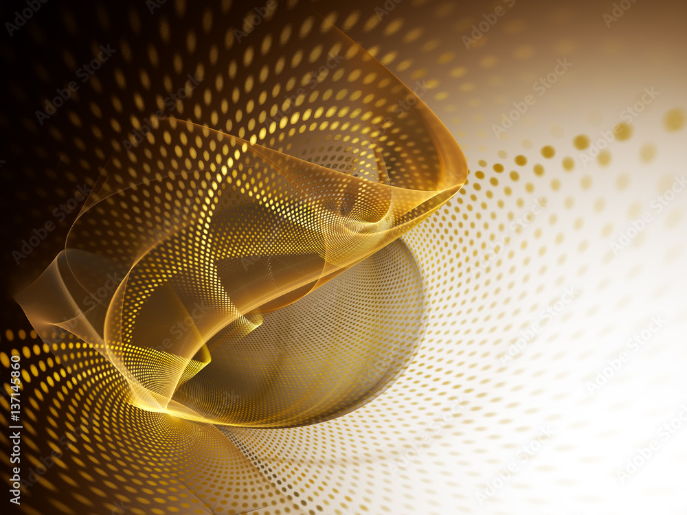 Poster Abstract background element. Fractal graphics series. Three-dimensional composition of glowing lines and mosaic halftone effects. Golden colors.