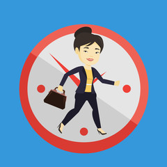 Business woman running on clock background.